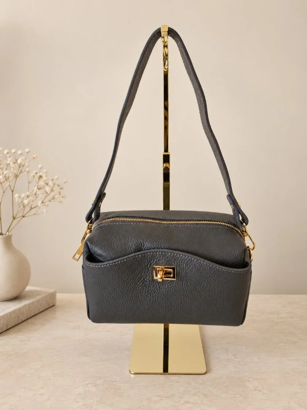 Grey Genuine Leather Crossbody Bag, Italian Leather Shoulder Bag